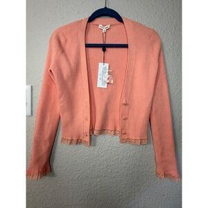 For Love & Lemons Ribbed Lace Trim Cardigan Coral Pink Cropped Sweater XS NWT